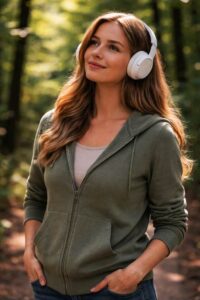 Auf dem Bild ist eine Frau mit Kopfhörern zu sehen. Waldbaden geht auch per telefonischer Begleitung.